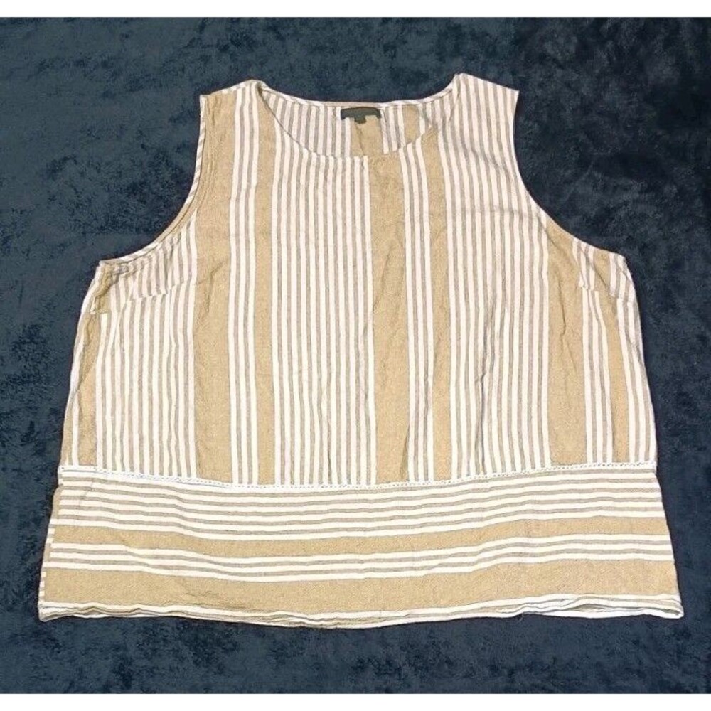 For Cynthia Linen Blend Tank Top Blouse 3X Tan White Striped Coastal Grandma